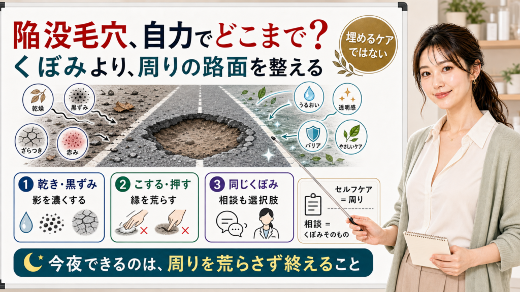 陥没毛穴は自力で埋めるケアではなく乾き黒ずみこする押すを避けて周りの路面を荒らさず終える