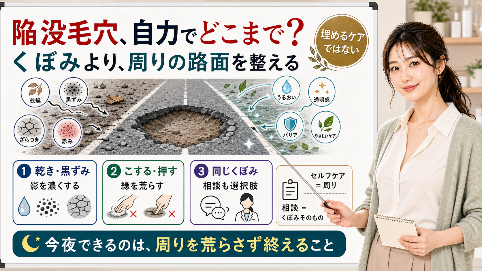 陥没毛穴は自力で埋めるケアではなく乾き黒ずみこする押すを避けて周りの路面を荒らさず終える