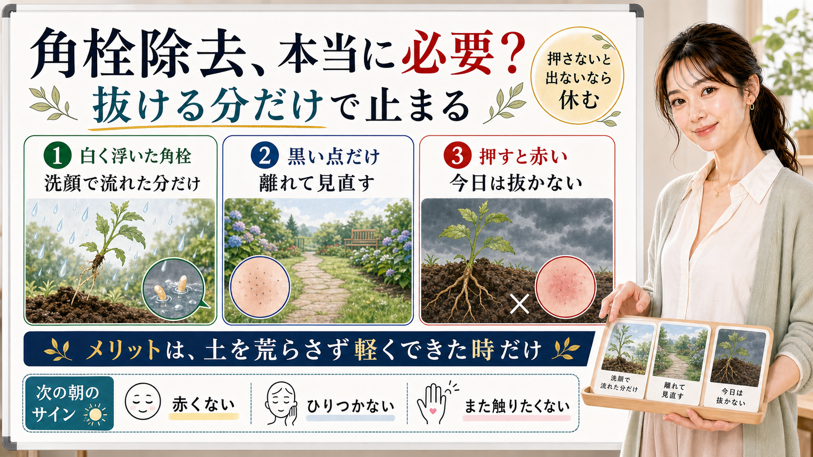 角栓除去は押さずに離れる白く浮いた角栓だけにして黒い点は離れて見直し押すと赤いものは今日は抜かない