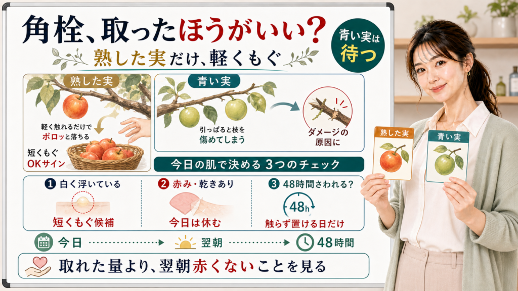 角栓は取ったほうがいいか白く浮いている赤み乾きがない48時間触らず置けるかで判断する