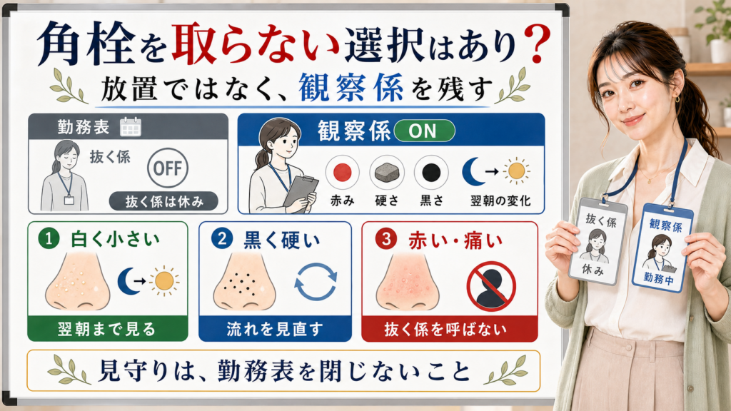 角栓を取らない選択は放置ではなく抜く係を休ませ観察係を残して白く小さい黒く硬い赤い痛いを見分ける