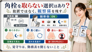 角栓を取らない選択は放置ではなく抜く係を休ませ観察係を残して白く小さい黒く硬い赤い痛いを見分ける
