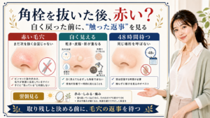 角栓をピンセットで抜いた後に赤い毛穴をすぐ取り残しと決めず待つ理由を説明するアイキャッチ