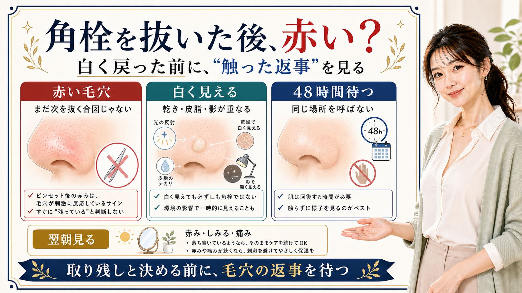 角栓をピンセットで抜いた後に赤い毛穴をすぐ取り残しと決めず待つ理由を説明するアイキャッチ