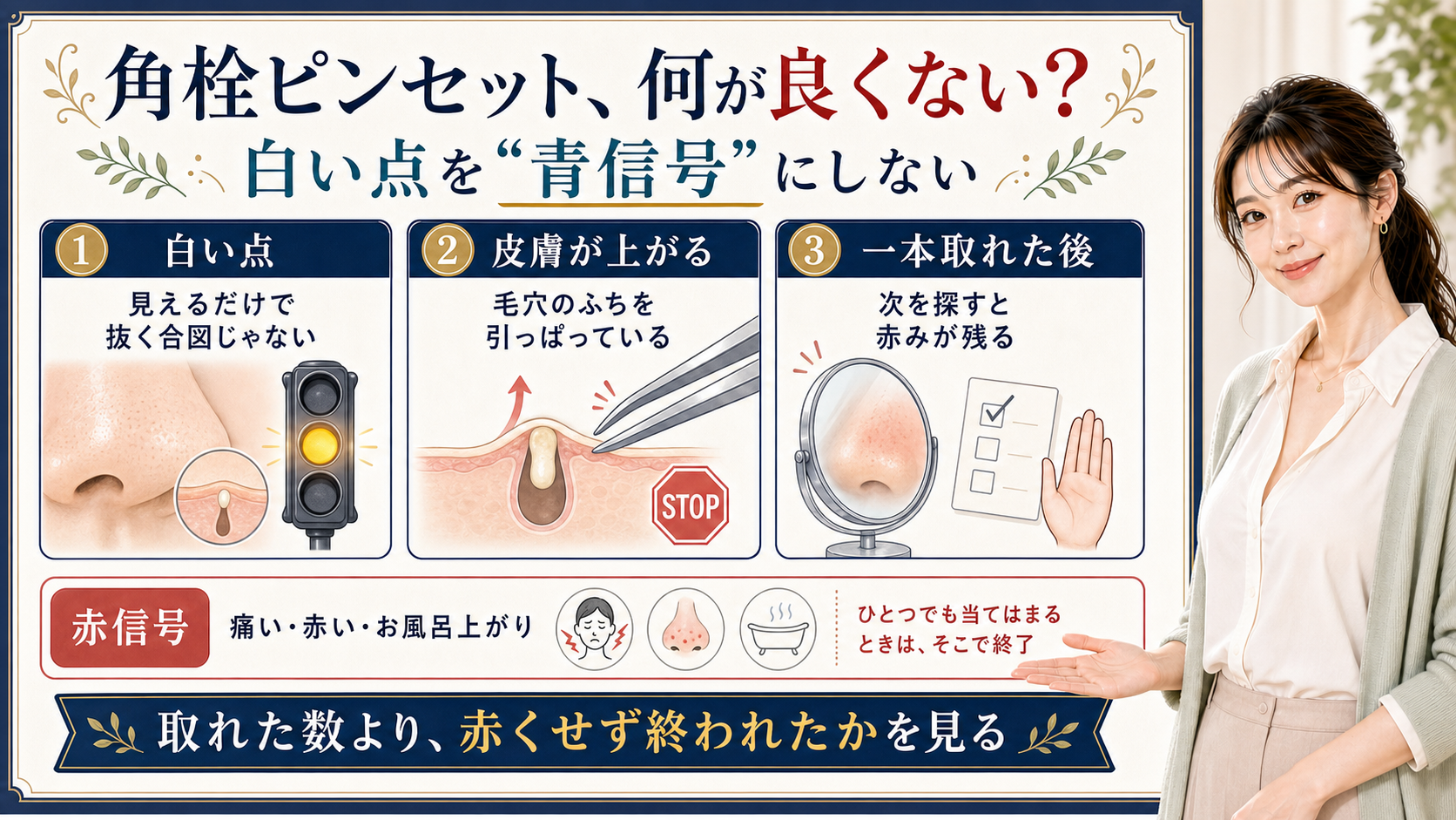 角栓ピンセットで白い点を抜く合図と誤読しないための見方を説明するアイキャッチ