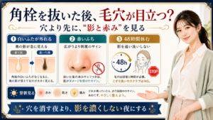 ピンセットで角栓を抜いた後に毛穴が目立つ理由を影と赤みで説明するアイキャッチ