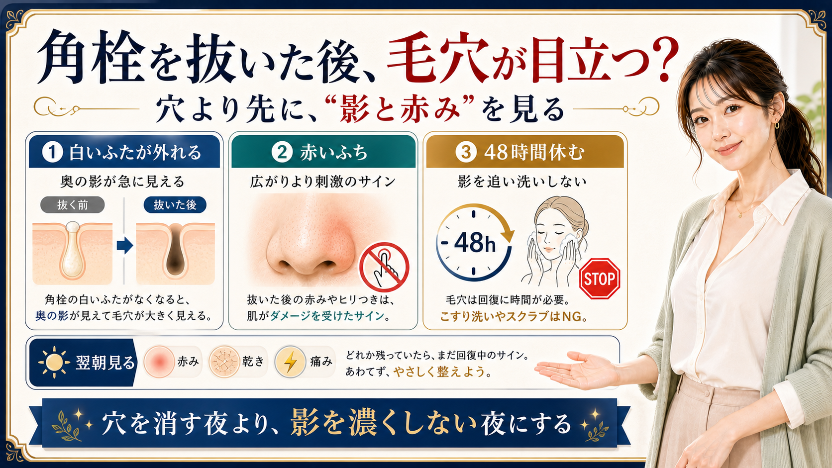ピンセットで角栓を抜いた後に毛穴が目立つ理由を影と赤みで説明するアイキャッチ