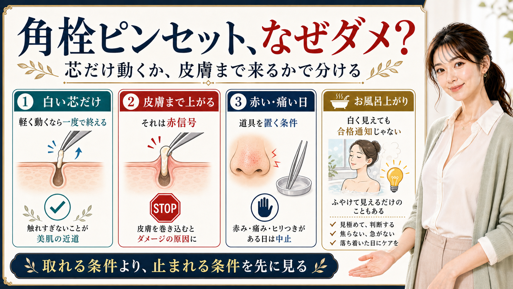 角栓ピンセットがなぜだめかを芯だけ動く条件と皮膚まで上がる赤信号で説明するアイキャッチ