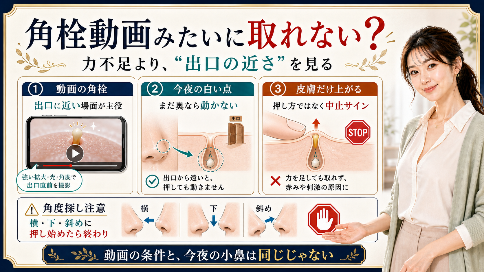 角栓動画みたいに取れない理由を出口の近さと今夜の小鼻の違いで説明するアイキャッチ