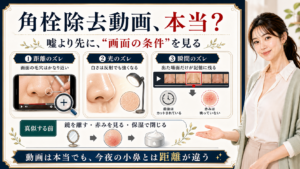角栓除去動画が本当か気になる人に画面の距離・光・瞬間と現実の小鼻の違いを説明するアイキャッチ