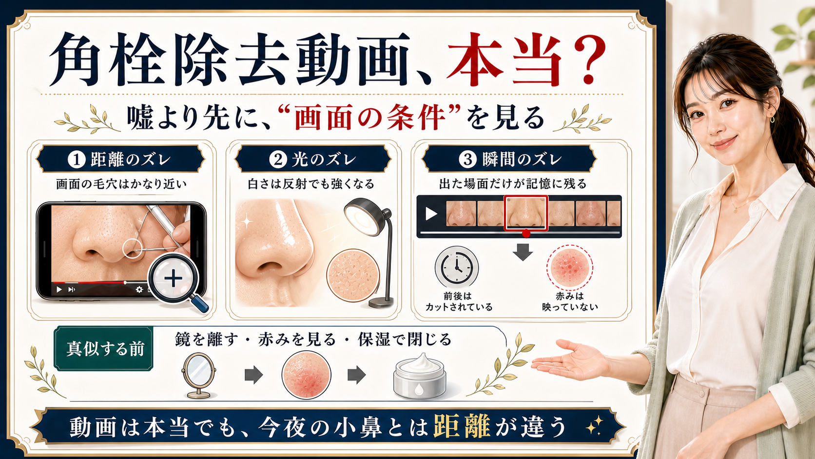 角栓除去動画が本当か気になる人に画面の距離・光・瞬間と現実の小鼻の違いを説明するアイキャッチ