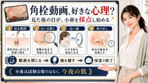 角栓動画を好きな心理で見た後に小鼻を採点し始める目線とケアの誤りを説明するアイキャッチ