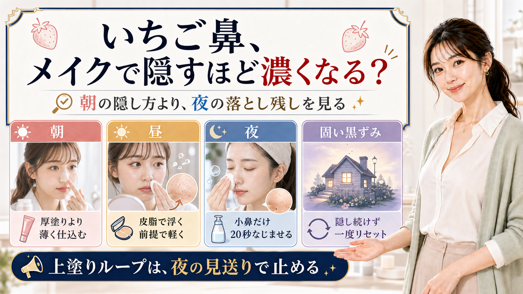 いちご鼻をメイクで隠すほど濃く見える理由を朝昼夜の上塗りループで整理したアイキャッチ