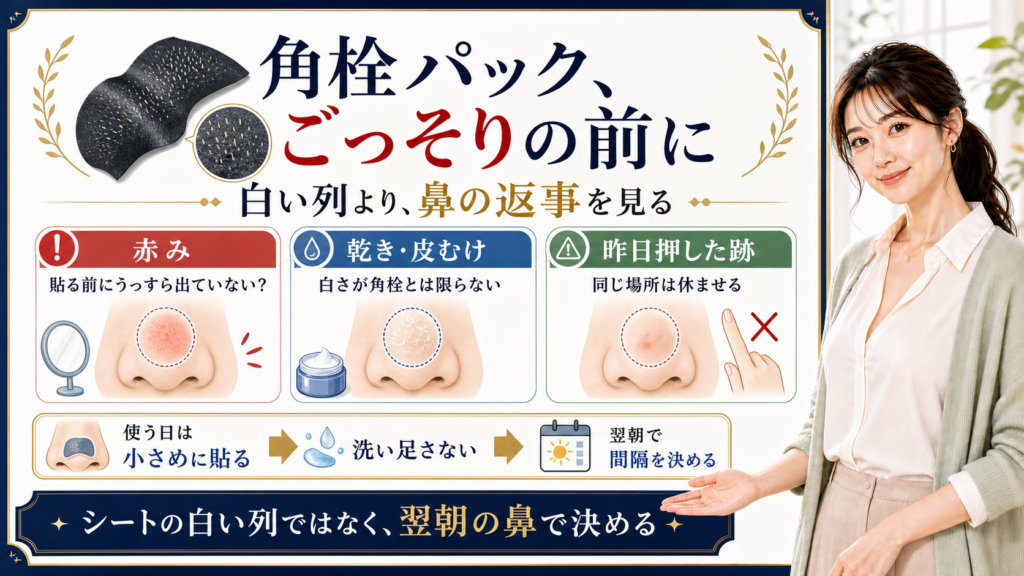 角栓パックでごっそり取る前に白い列より赤みや乾きなど鼻の返事を見るアイキャッチ