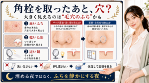 角栓を取ったあと毛穴が穴のように目立つ理由を赤いふちや乾いた影から説明するアイキャッチ