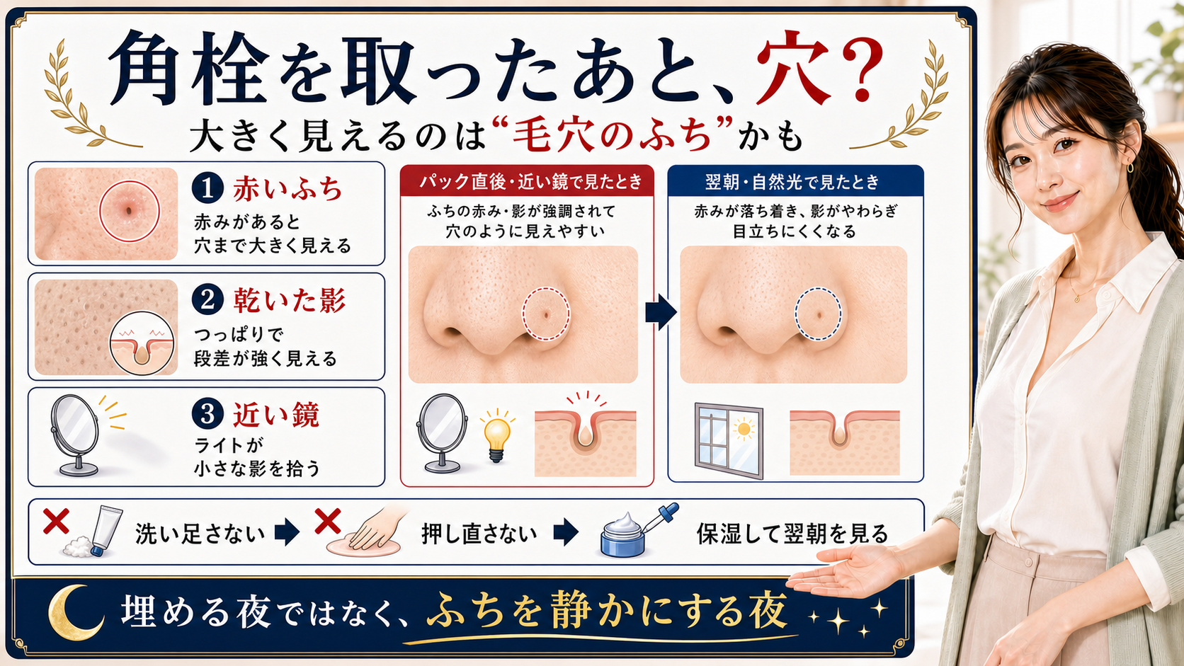 角栓を取ったあと毛穴が穴のように目立つ理由を赤いふちや乾いた影から説明するアイキャッチ