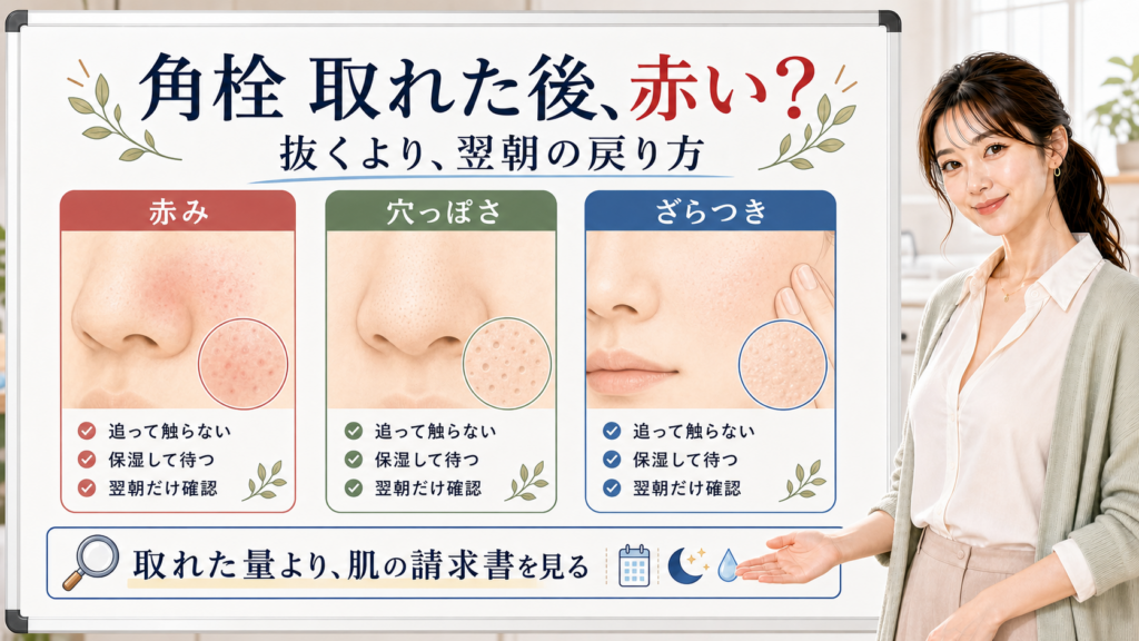 角栓が取れた後、赤みや穴っぽさ、ざらつきを翌朝の戻り方で確認するBeauty Board