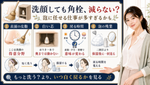 洗顔しても角栓が減らない原因を泡の担当範囲と白く戻る時間で説明するアイキャッチ