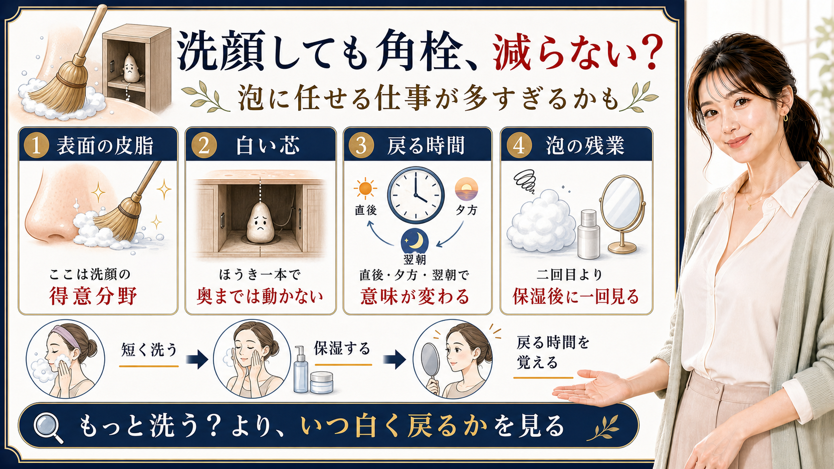 洗顔しても角栓が減らない原因を泡の担当範囲と白く戻る時間で説明するアイキャッチ