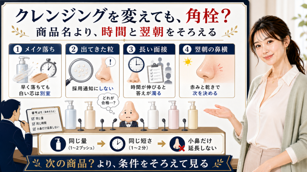 クレンジングを変えても角栓が改善しない理由を商品名より時間と翌朝の条件で説明するアイキャッチ