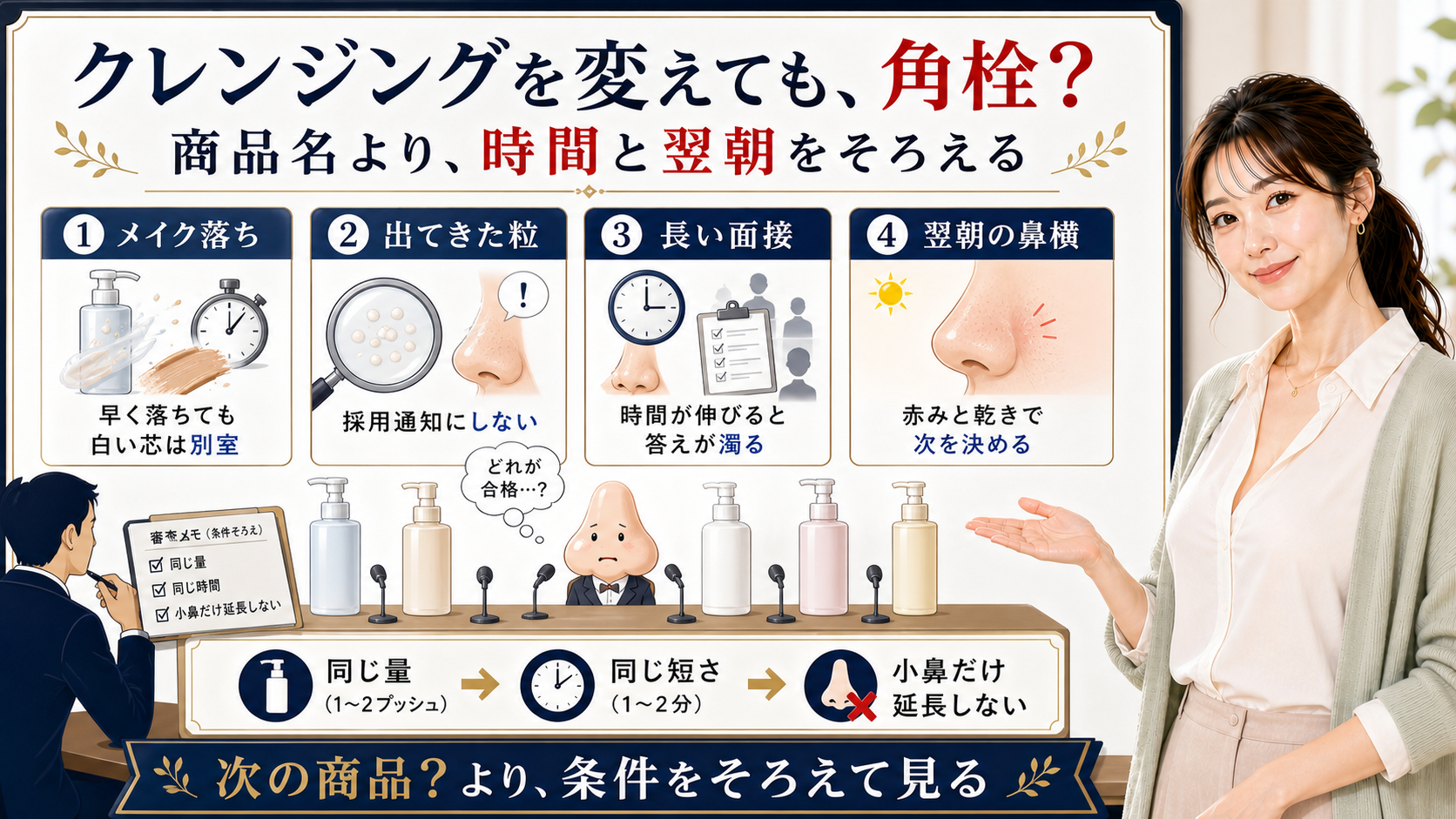 クレンジングを変えても角栓が改善しない理由を商品名より時間と翌朝の条件で説明するアイキャッチ
