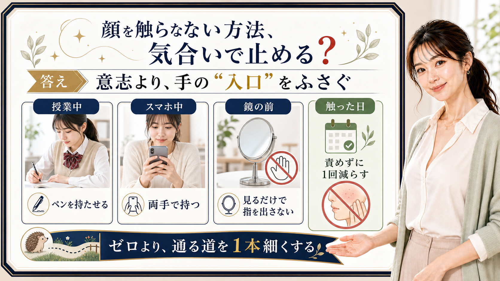 顔を触らない方法は気合いより授業中スマホ中鏡の前の手の入口をふさぐと整理したアイキャッチ