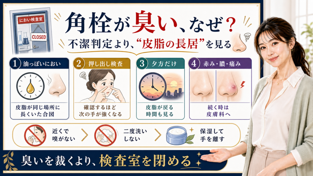 角栓が臭い理由を不潔判定ではなく皮脂の長居と検査室を閉める視点で説明するアイキャッチ