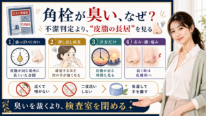 角栓が臭い理由を不潔判定ではなく皮脂の長居と検査室を閉める視点で説明するアイキャッチ