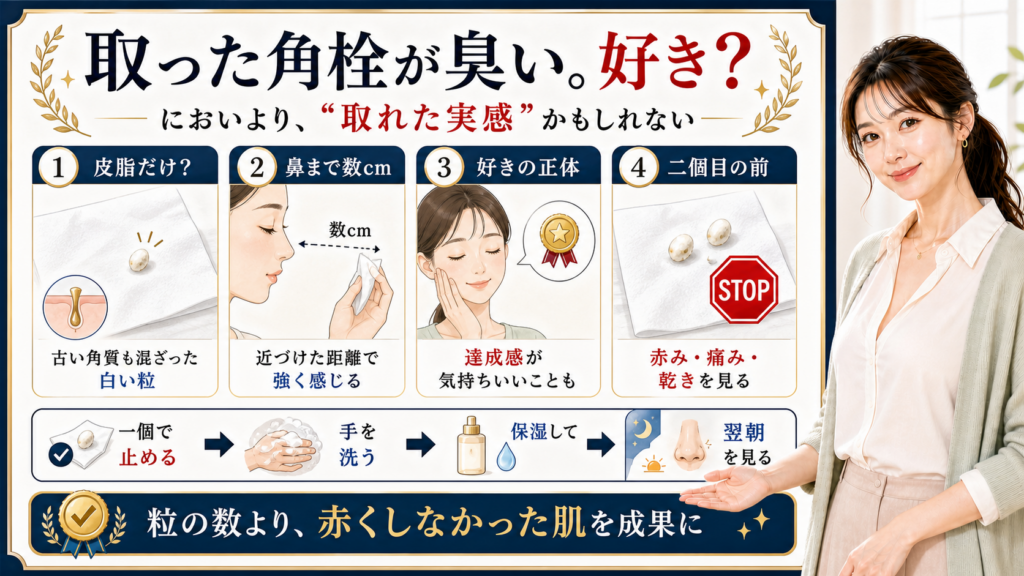 取った角栓が臭い理由と好きに感じる心理を取れた実感や赤み確認で説明するアイキャッチ