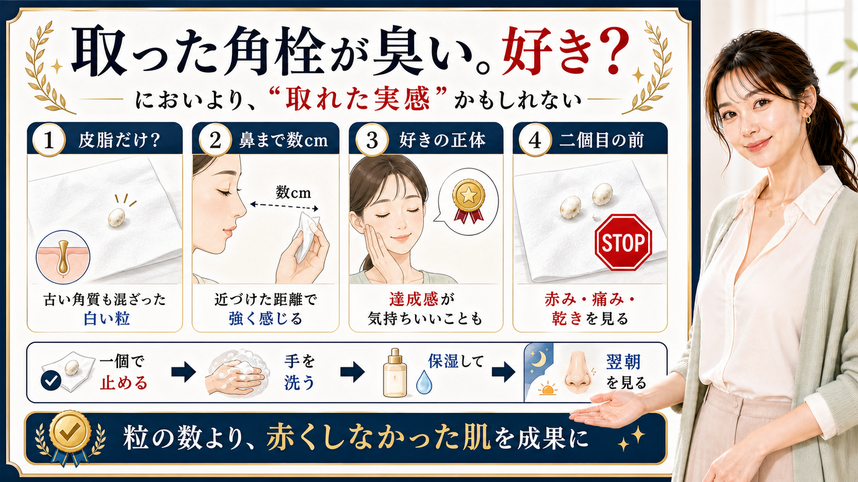 取った角栓が臭い理由と好きに感じる心理を取れた実感や赤み確認で説明するアイキャッチ
