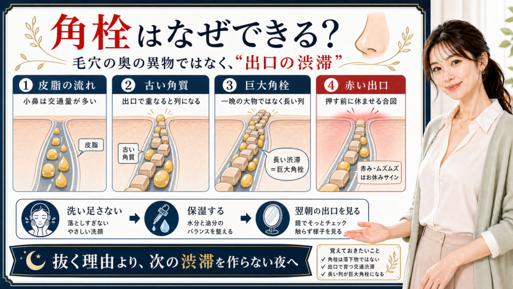 角栓ができる仕組みを皮脂と古い角質が毛穴出口で渋滞する図解で説明するアイキャッチ