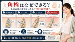角栓ができる仕組みを皮脂と古い角質が毛穴出口で渋滞する図解で説明するアイキャッチ