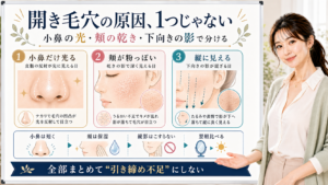 開き毛穴の原因を小鼻の光、頬の乾き、下向きの影で分けるアイキャッチ