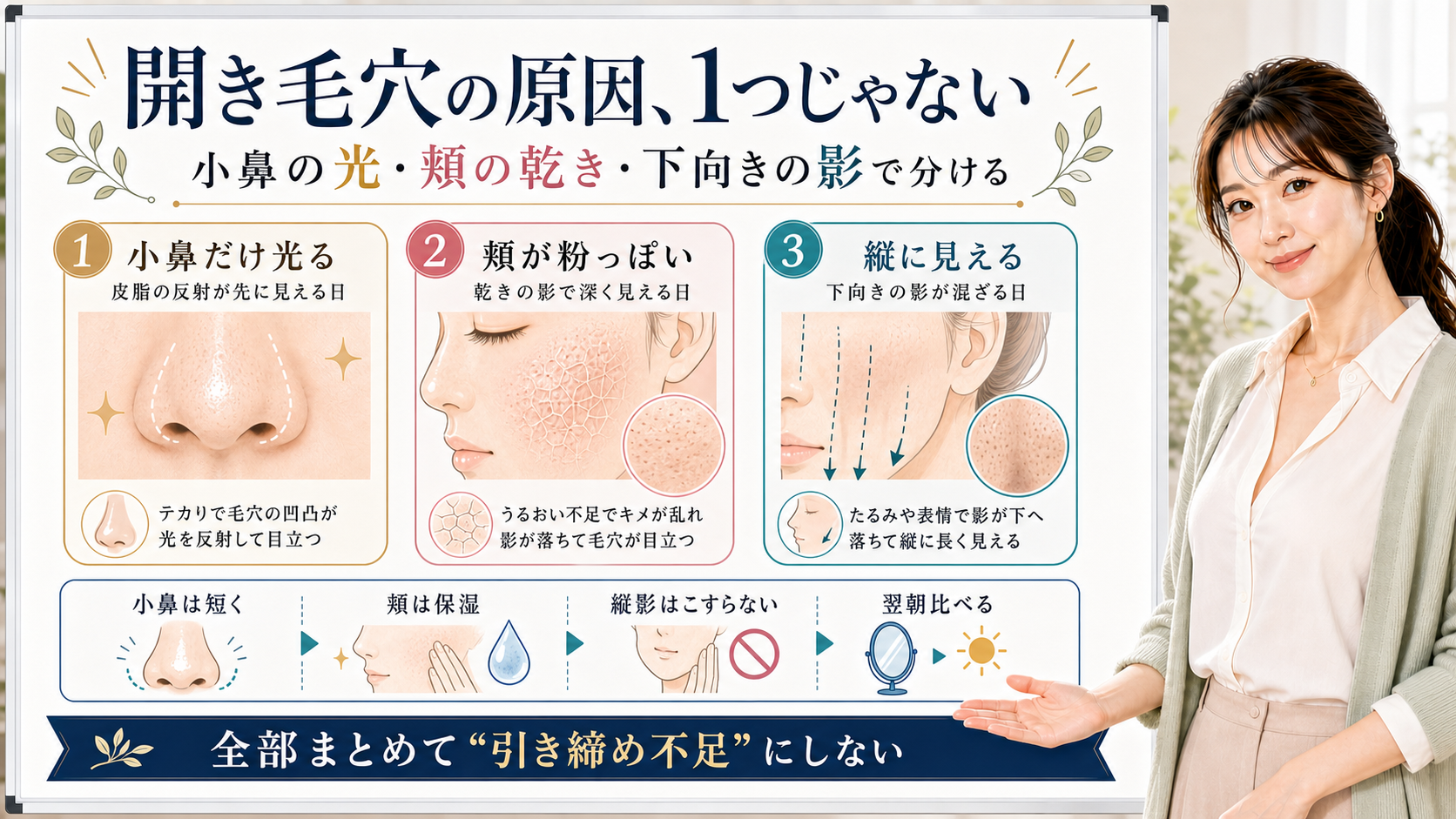 開き毛穴の原因を小鼻の光、頬の乾き、下向きの影で分けるアイキャッチ