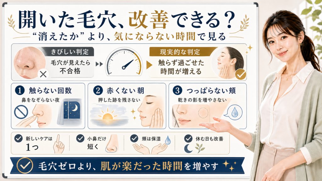 開いた毛穴の改善を毛穴ゼロではなく肌が楽だった時間で見るアイキャッチ