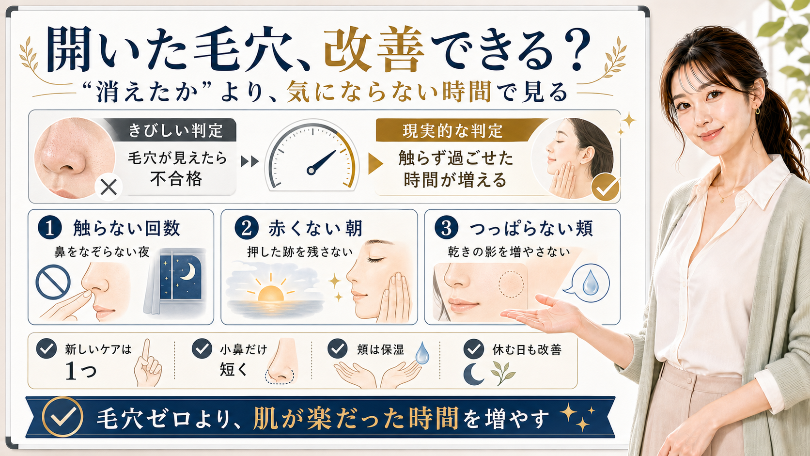 開いた毛穴の改善を毛穴ゼロではなく肌が楽だった時間で見るアイキャッチ