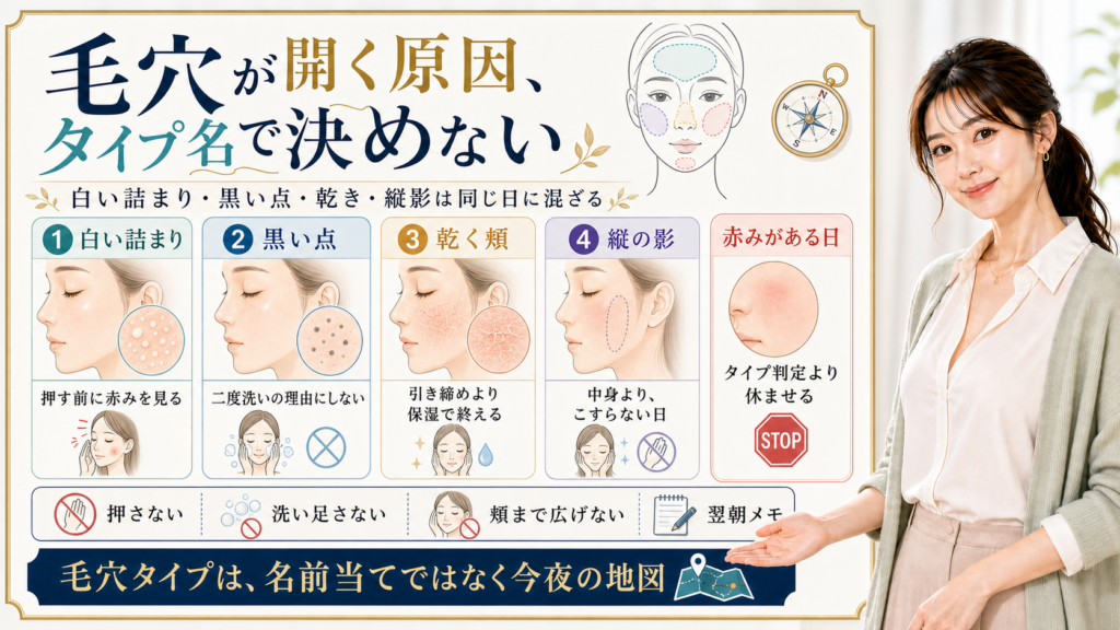 毛穴が開く原因を白い詰まり、黒い点、乾き、縦影のタイプ地図で整理するアイキャッチ