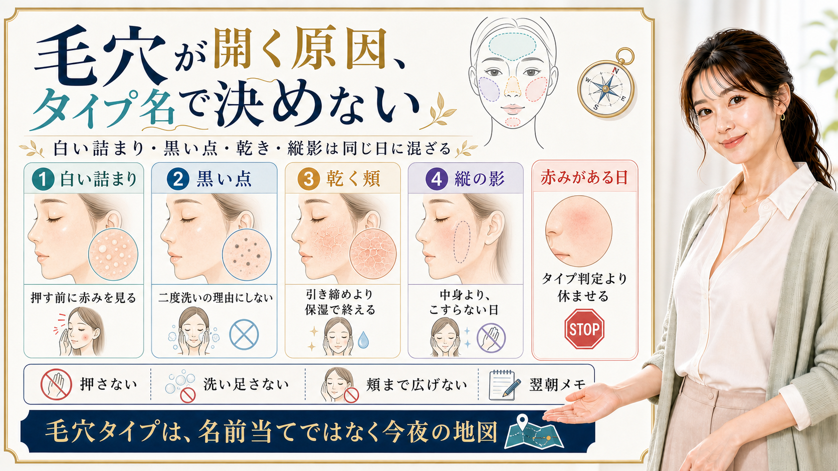 毛穴が開く原因を白い詰まり、黒い点、乾き、縦影のタイプ地図で整理するアイキャッチ