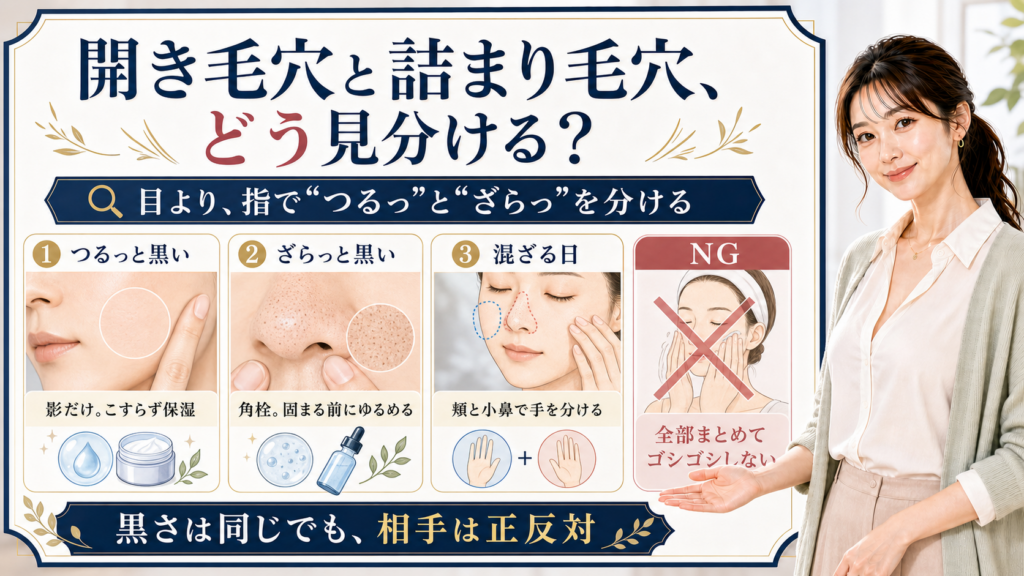 開き毛穴と詰まり毛穴の見分け方をつるっと黒いざらっと黒いで整理したアイキャッチ