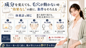 成分を変えても開き毛穴が改善しない時に条件をそろえて肌の返事を見るアイキャッチ