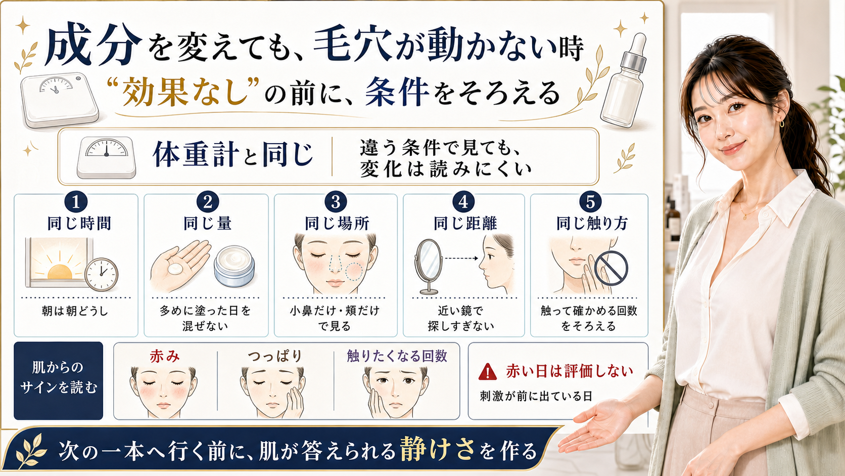 成分を変えても開き毛穴が改善しない時に条件をそろえて肌の返事を見るアイキャッチ