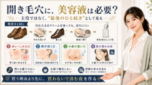 開き毛穴に美容液が必要かを靴磨きの最後のひと拭きで説明するアイキャッチ