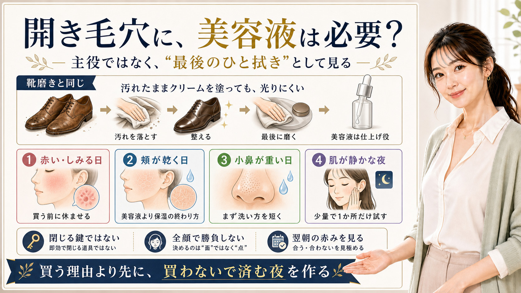 開き毛穴に美容液が必要かを靴磨きの最後のひと拭きで説明するアイキャッチ