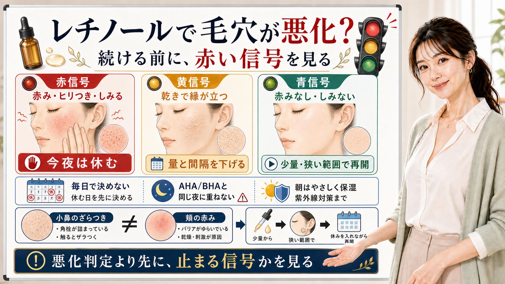 レチノールで毛穴が悪化したように見える時に赤み乾燥頻度の信号を見るアイキャッチ