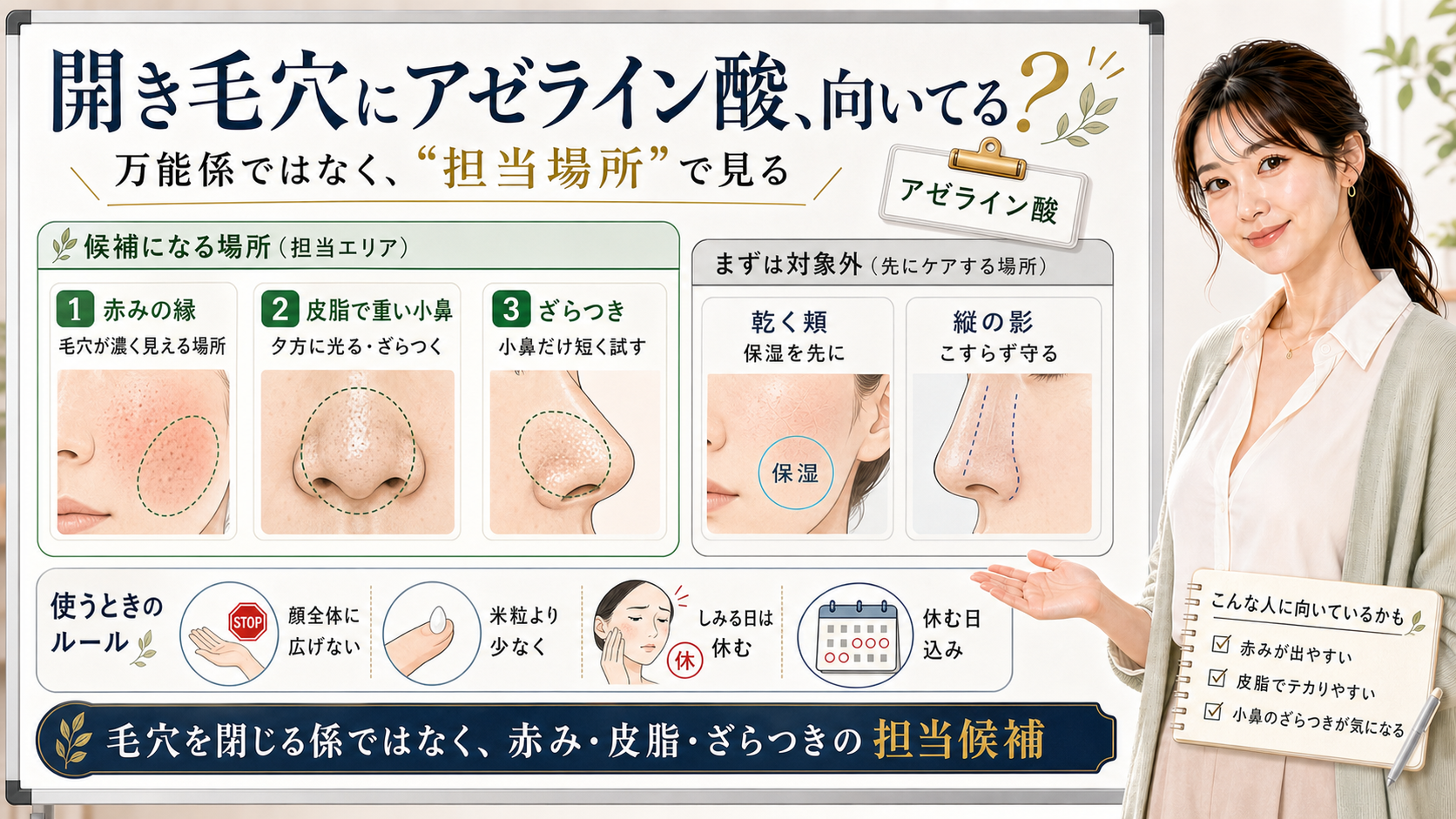 開き毛穴にアゼライン酸が向いているかを赤み皮脂ざらつきの担当場所で見るアイキャッチ