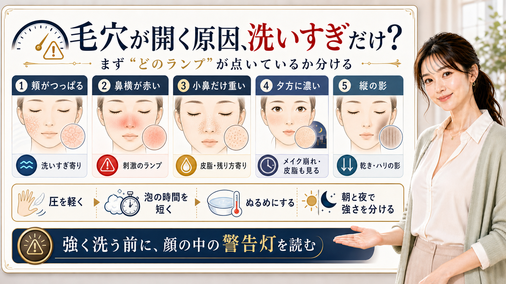 毛穴が開く原因を洗いすぎだけにせず顔の警告灯で分けるアイキャッチ