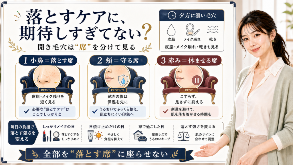開き毛穴改善で落とすケアに期待しすぎず小鼻頬赤みの席を分けるアイキャッチ
