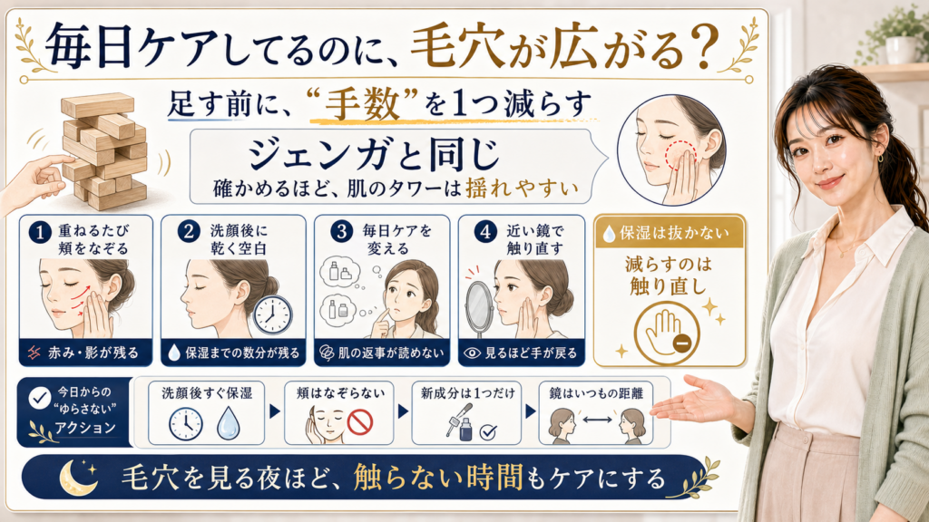 日常のスキンケアで開き毛穴が広がる時に触り直しの手数を減らすアイキャッチ
