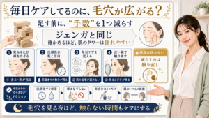 日常のスキンケアで開き毛穴が広がる時に触り直しの手数を減らすアイキャッチ