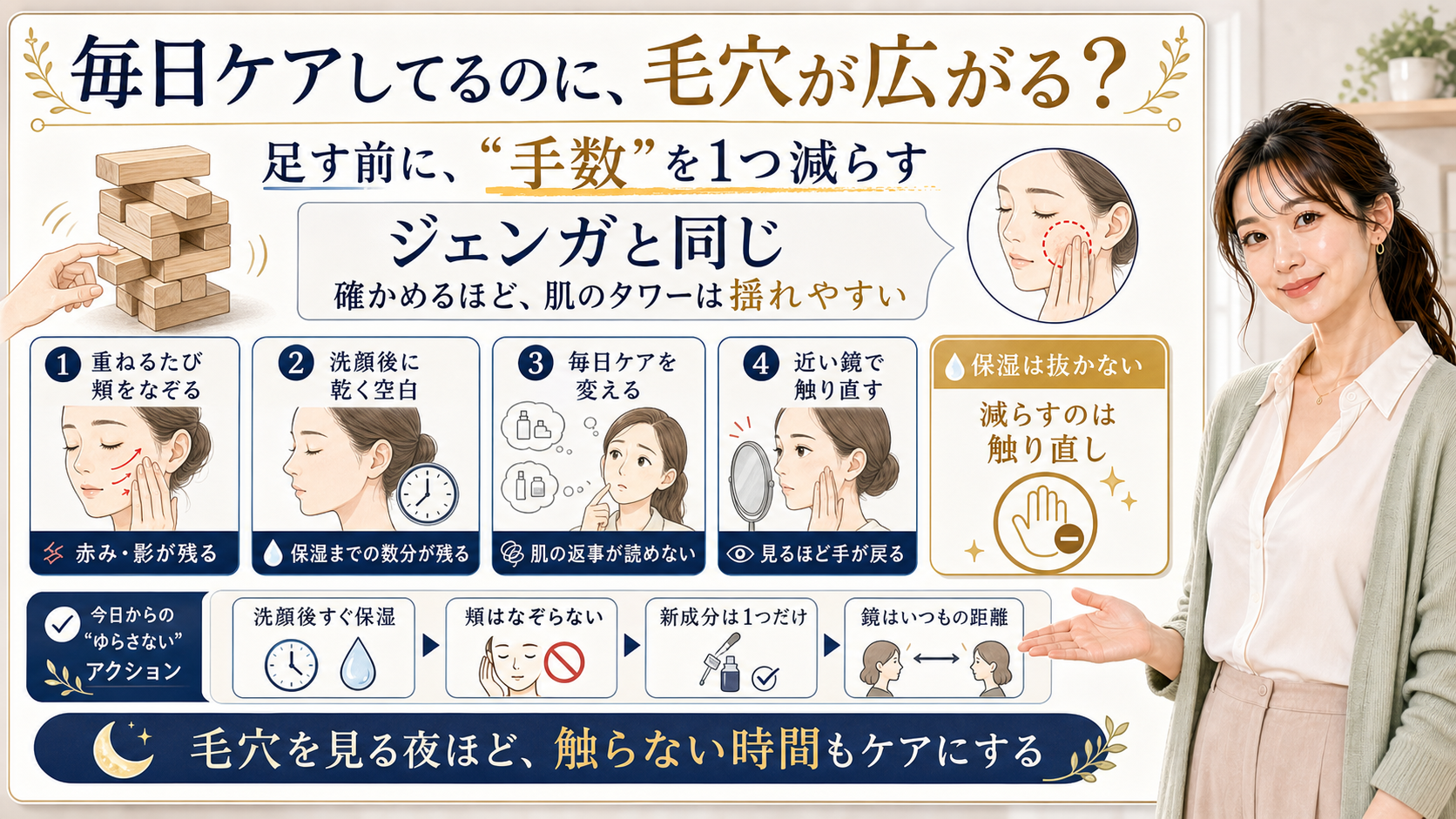 日常のスキンケアで開き毛穴が広がる時に触り直しの手数を減らすアイキャッチ